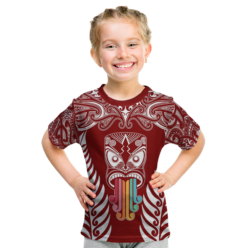 Personalised Kia Kaha Te Reo Maori Kid T Shirt Hei Tiki Mix Koru - Red LT7 Red - Polynesian Pride