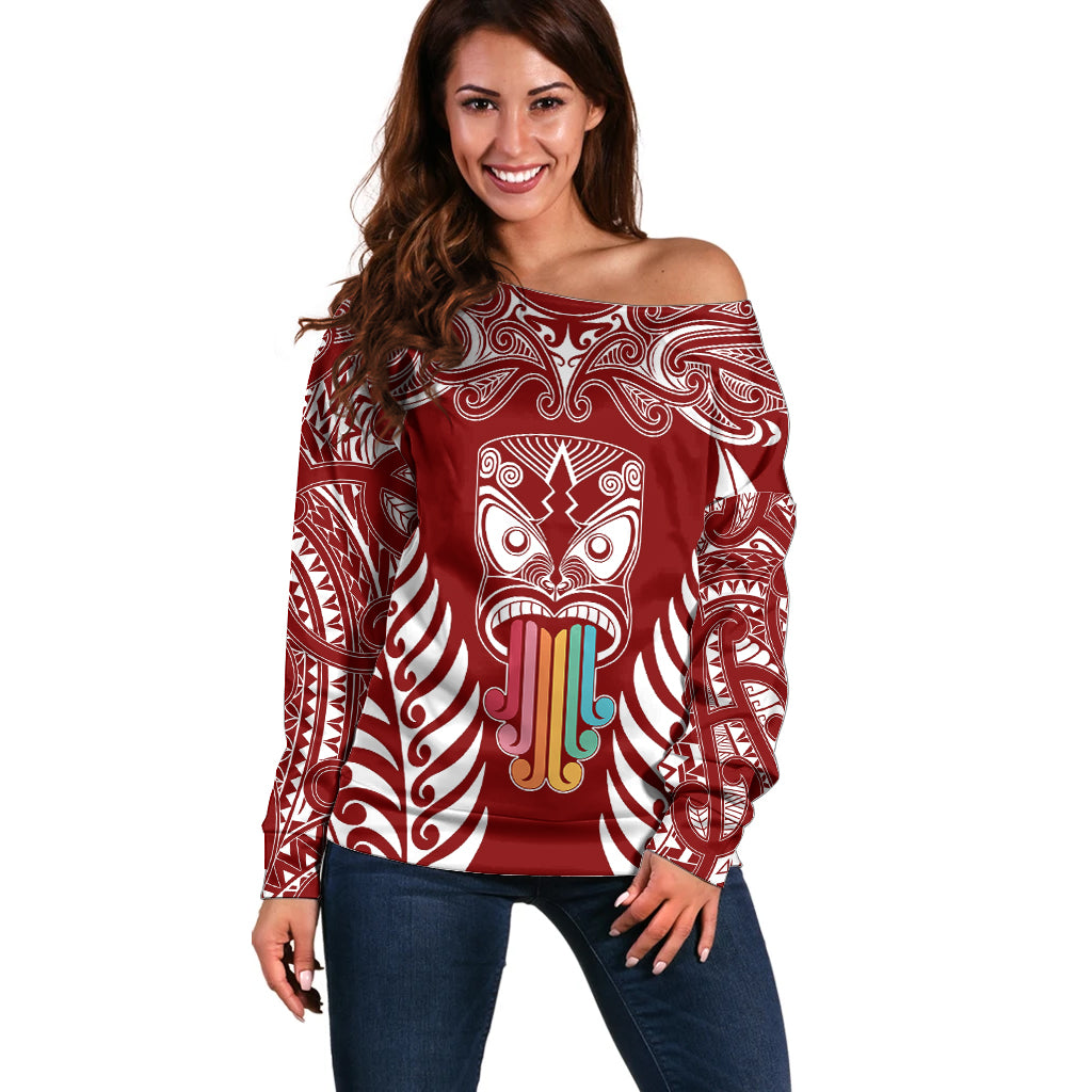 Personalised Kia Kaha Te Reo Maori Off Shoulder Sweater Hei Tiki Mix Koru - Red LT7 Women Red - Polynesian Pride