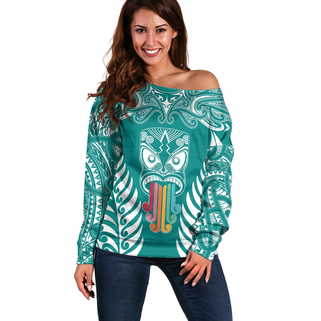 Personalised Kia Kaha Te Reo Maori Off Shoulder Sweater Hei Tiki Mix Koru - Teal LT7 Women Teal - Polynesian Pride