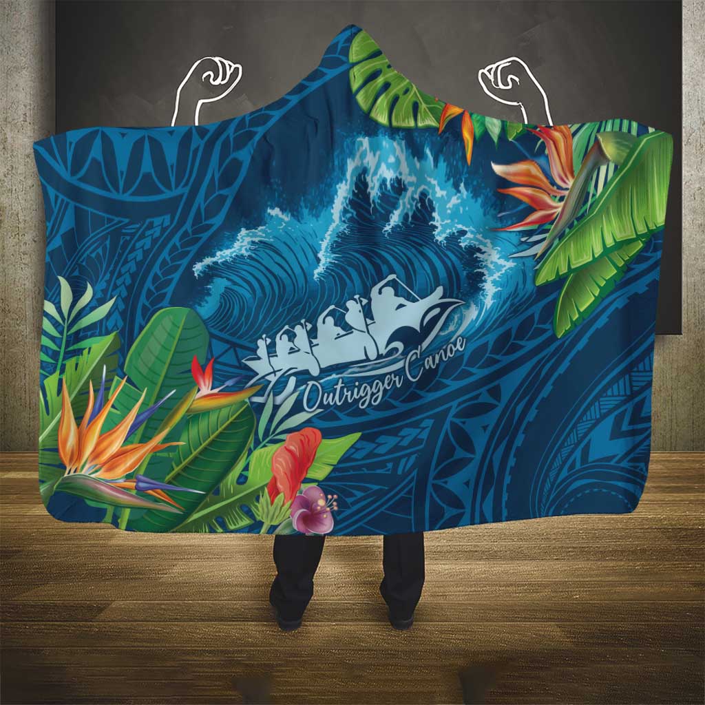 Outrigger Canoe Blue Hooded Blanket On The Waves LT7 - Polynesian Pride