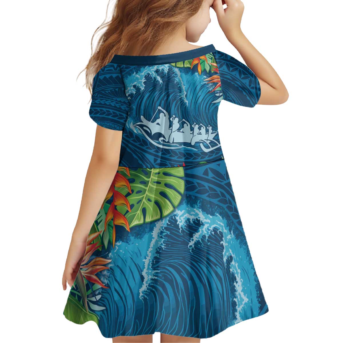 Outrigger Canoe Blue Kid Short Sleeve Dress On The Waves LT7 - Polynesian Pride