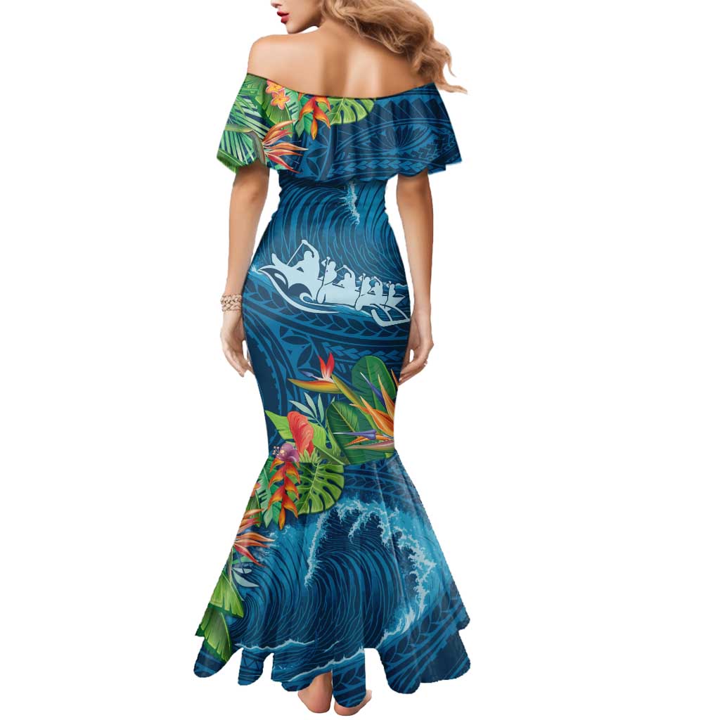 Outrigger Canoe Blue Mermaid Dress On The Waves LT7 - Polynesian Pride