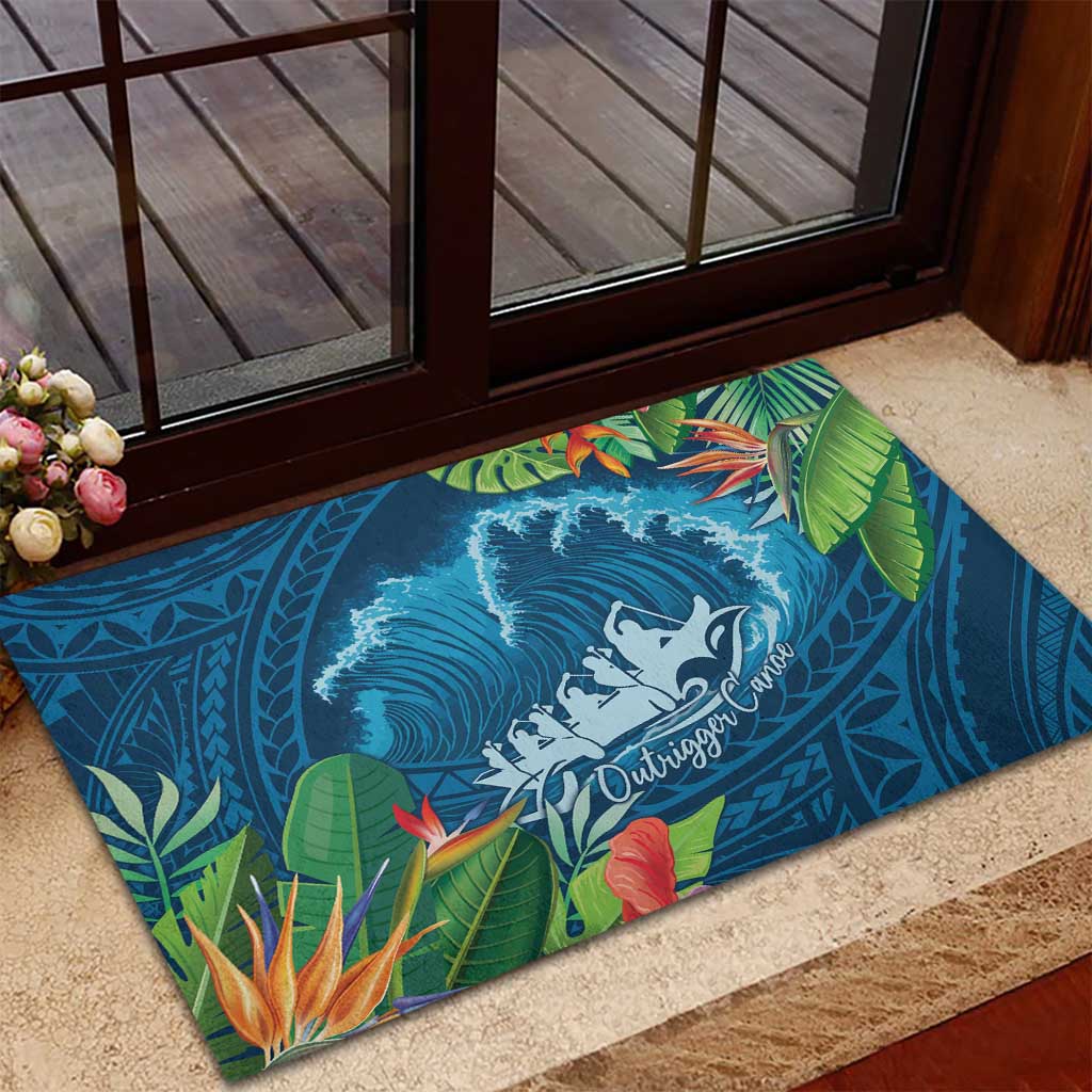 Outrigger Canoe Blue Rubber Doormat On The Waves LT7 - Polynesian Pride