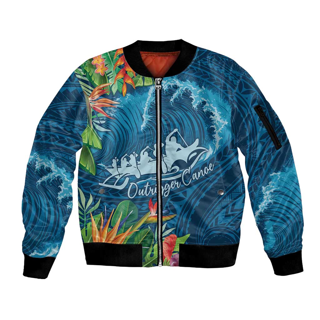 Outrigger Canoe Blue Sleeve Zip Bomber Jacket On The Waves LT7 Unisex Blue - Polynesian Pride