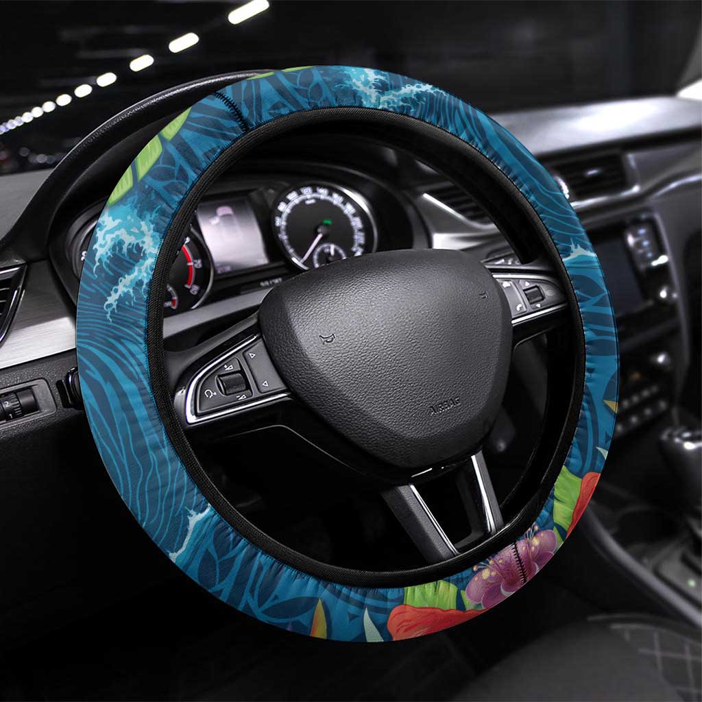 Outrigger Canoe Blue Steering Wheel Cover On The Waves