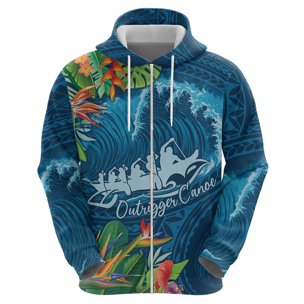 Outrigger Canoe Blue Zip Hoodie On The Waves LT7 - Polynesian Pride