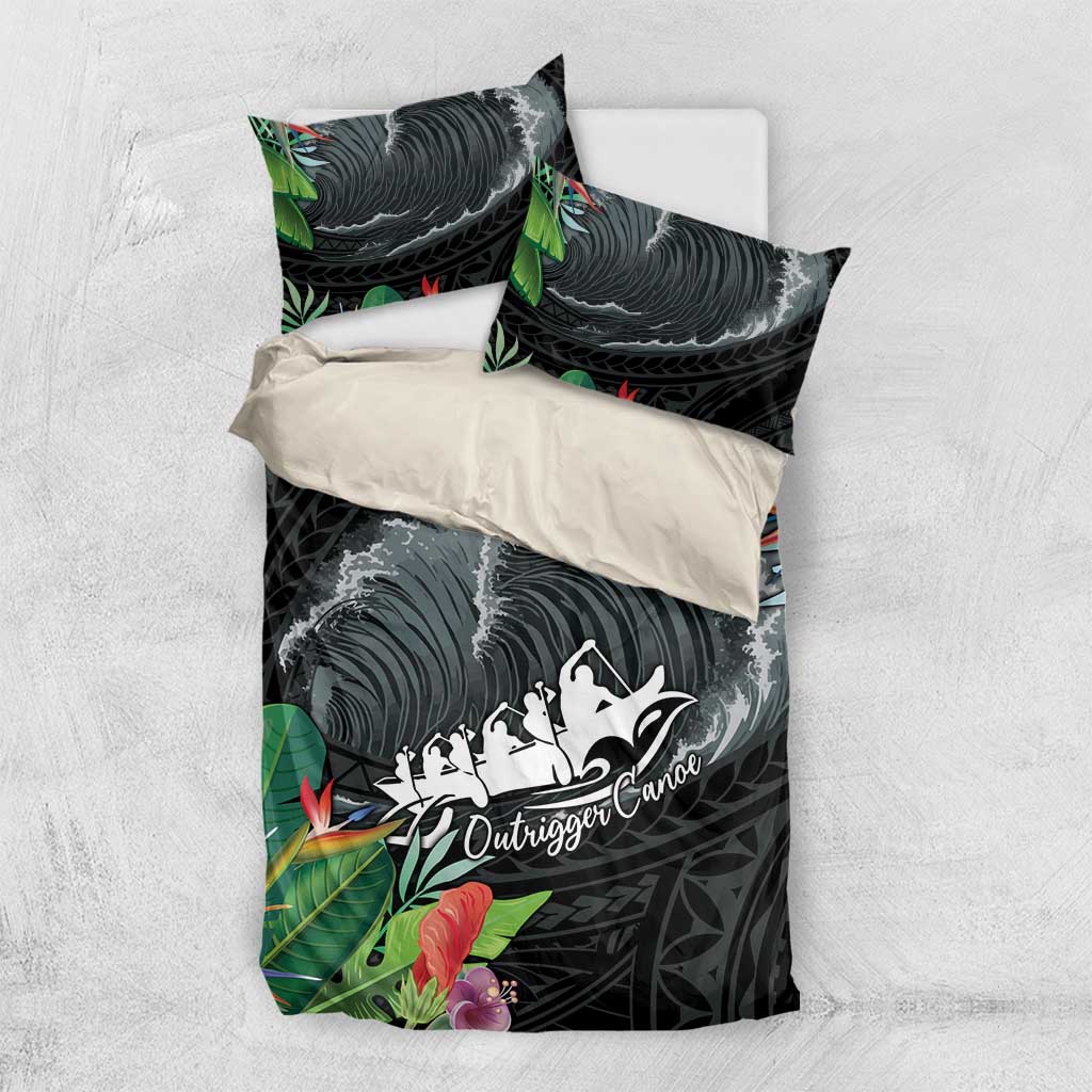 Outrigger Canoe Black Bedding Set On The Waves LT7 US Twin 172cm x 218cm Black - Polynesian Pride