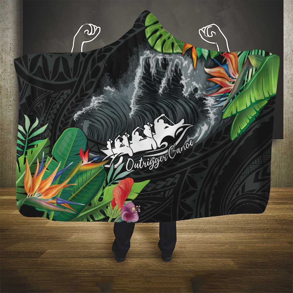 Outrigger Canoe Black Hooded Blanket On The Waves LT7 - Polynesian Pride