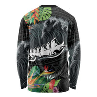 Outrigger Canoe Black Long Sleeve Shirt On The Waves LT7 - Polynesian Pride