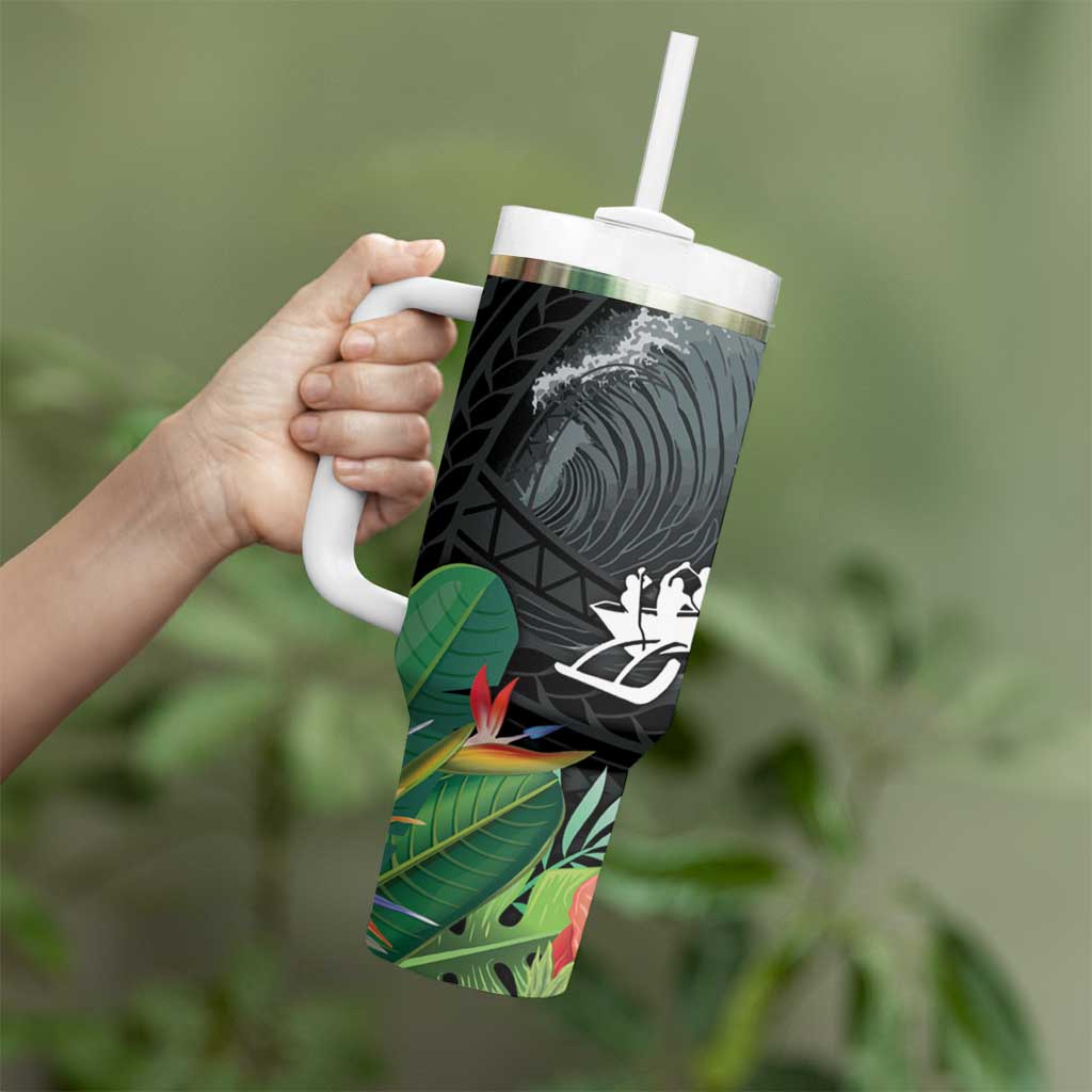 Outrigger Canoe Black Tumbler With Handle On The Waves LT7 - Polynesian Pride