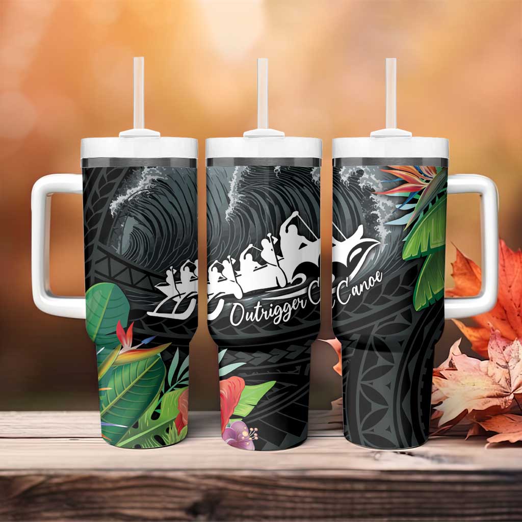 Outrigger Canoe Black Tumbler With Handle On The Waves LT7 - Polynesian Pride