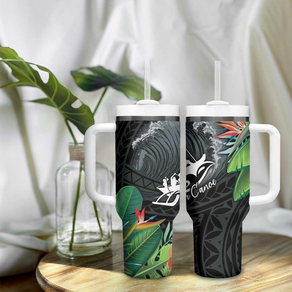 Outrigger Canoe Black Tumbler With Handle On The Waves LT7 - Polynesian Pride