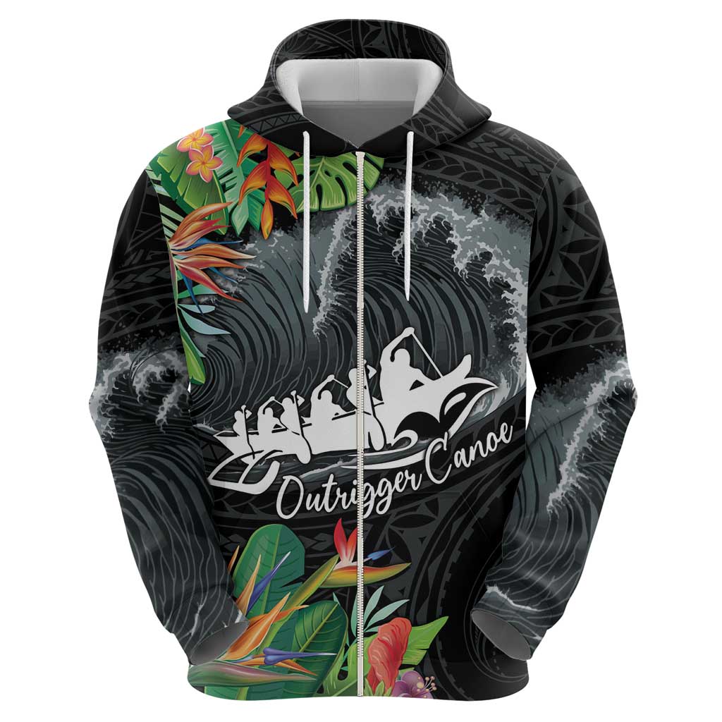 Outrigger Canoe Black Zip Hoodie On The Waves LT7 - Polynesian Pride