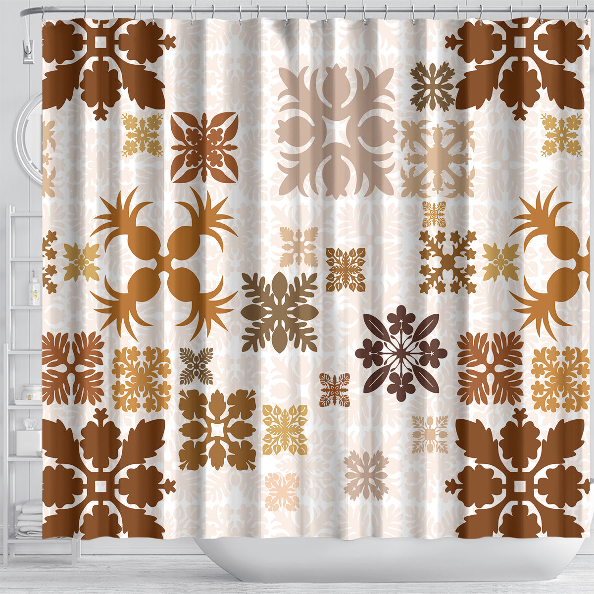 Vintage Hawaii Shower Curtain Hawaiian Quilt Kapa Mismatch Beige LT7 - Polynesian Pride