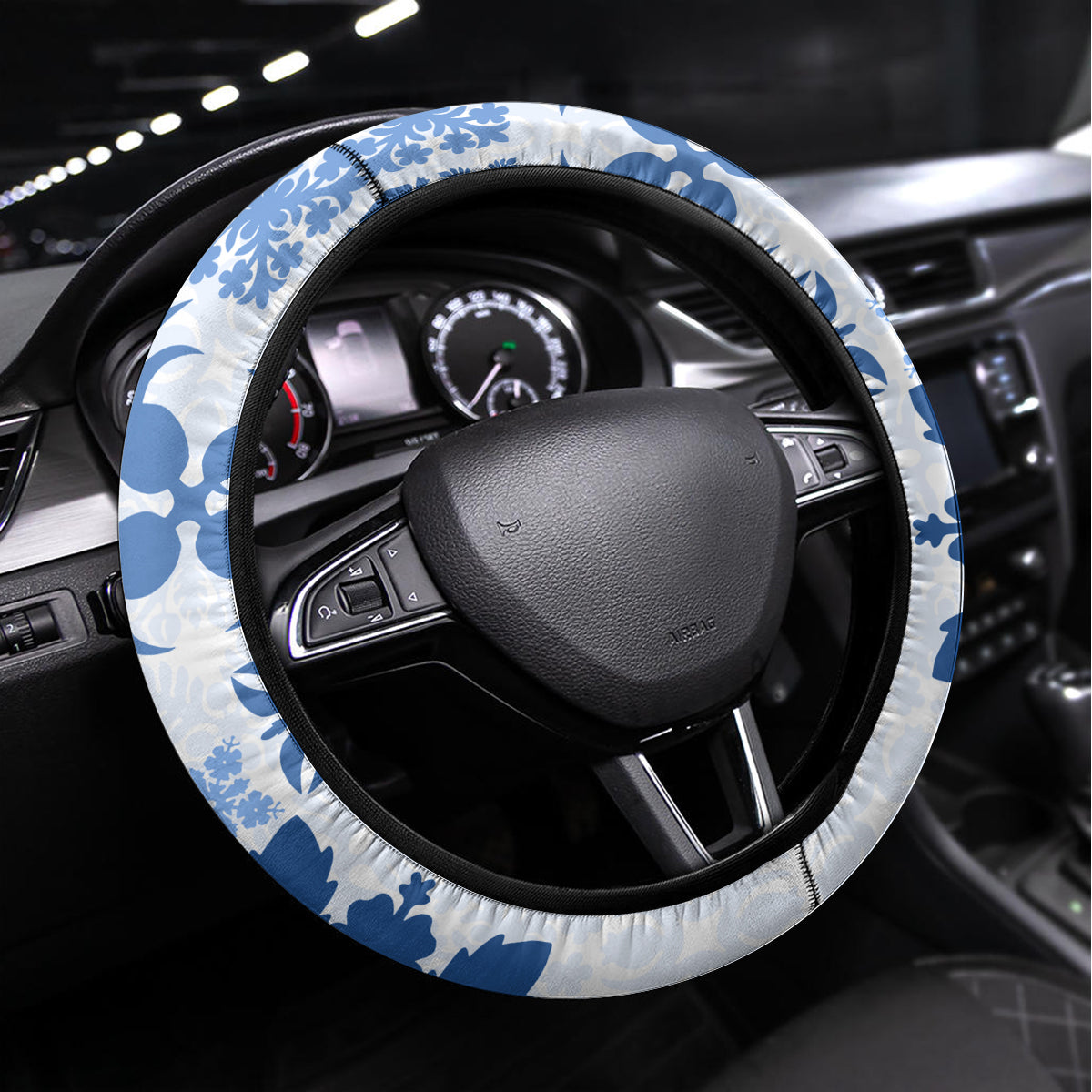 Vintage Hawaii Steering Wheel Cover Hawaiian Quilt Kapa Mismatch Blue LT7 Universal Fit Blue - Polynesian Pride