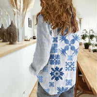 Vintage Hawaii Women Casual Shirt Hawaiian Quilt Kapa Mismatch Blue LT7 - Polynesian Pride