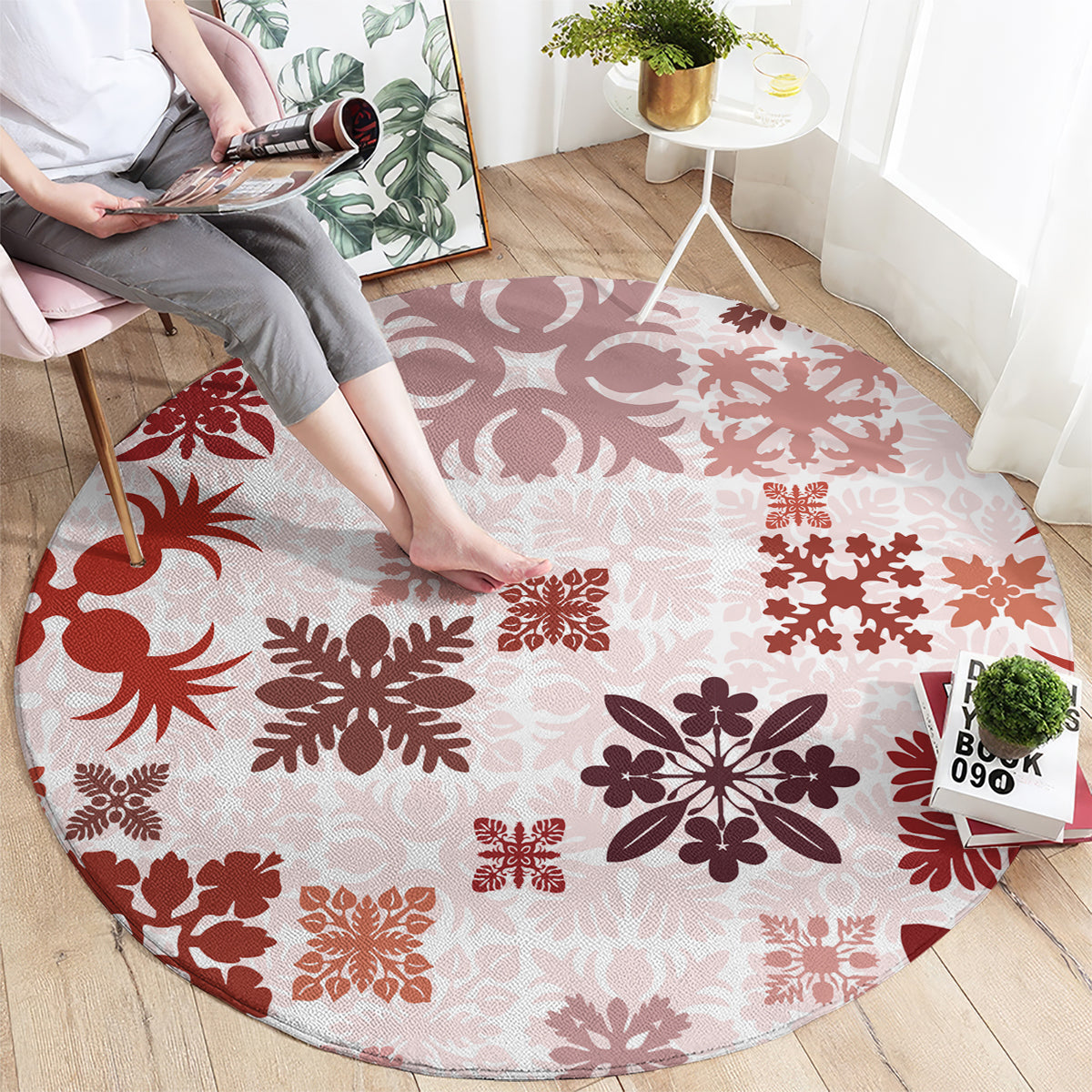 Vintage Hawaii Round Carpet Hawaiian Quilt Kapa Mismatch Red LT7 - Polynesian Pride
