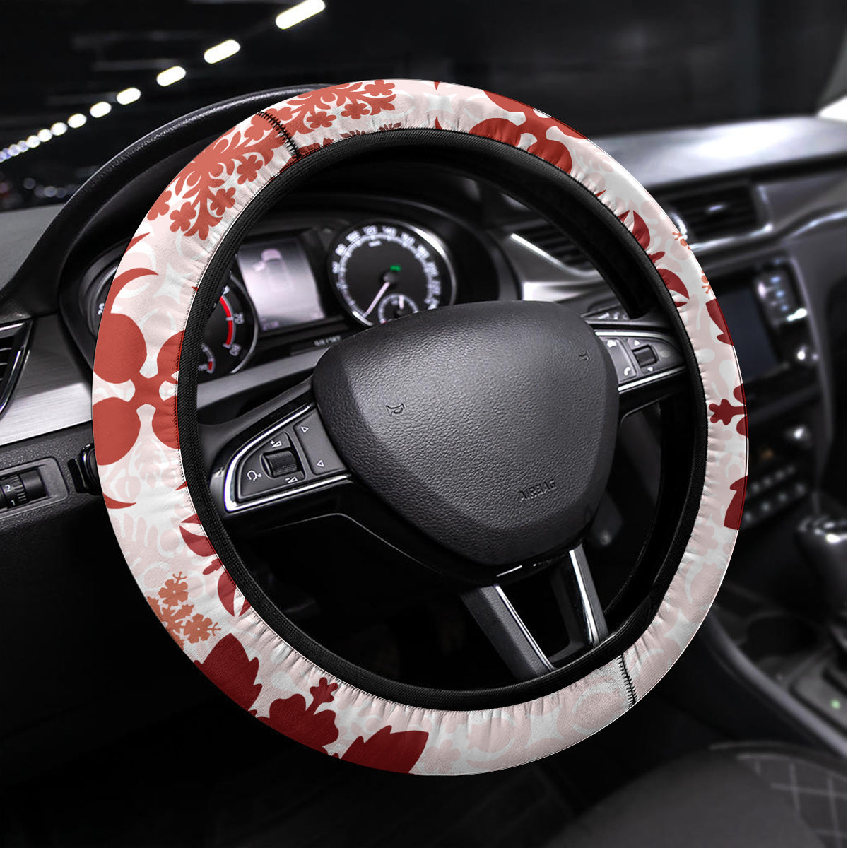 Vintage Hawaii Steering Wheel Cover Hawaiian Quilt Kapa Mismatch Red LT7 Universal Fit Red - Polynesian Pride