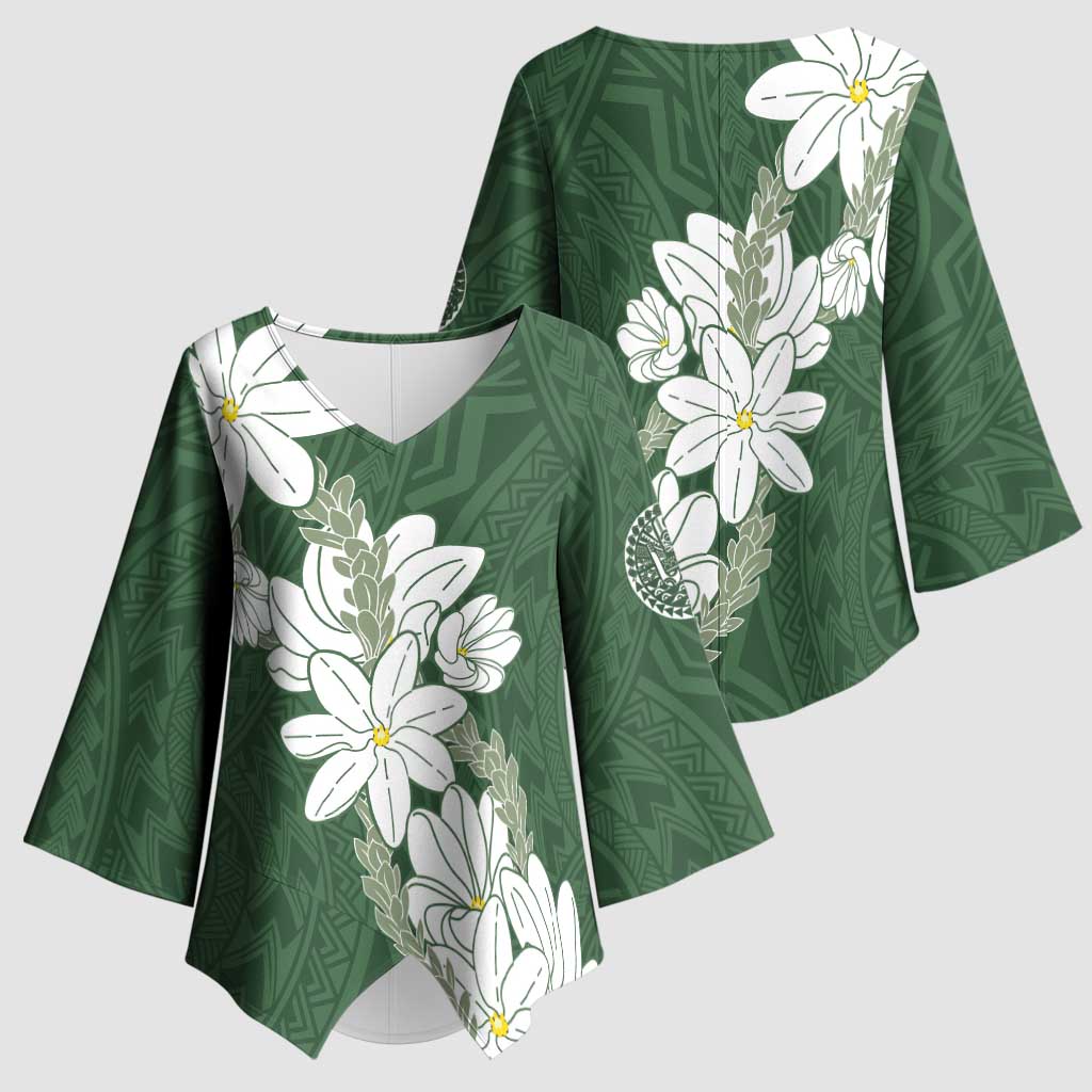 Ia Orana Tahiti Tiare Kimono Sleeve Blouse Sage Green Lei LT7 - Polynesian Pride