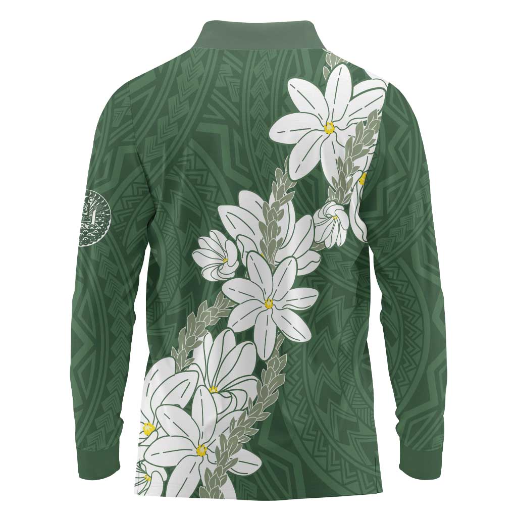 Ia Orana Tahiti Tiare Long Sleeve Polo Shirt Sage Green Lei LT7 - Polynesian Pride