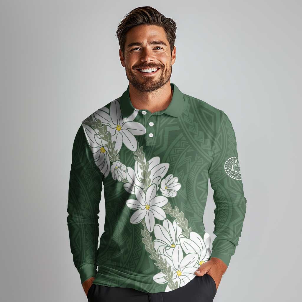 Ia Orana Tahiti Tiare Long Sleeve Polo Shirt Sage Green Lei LT7 - Polynesian Pride