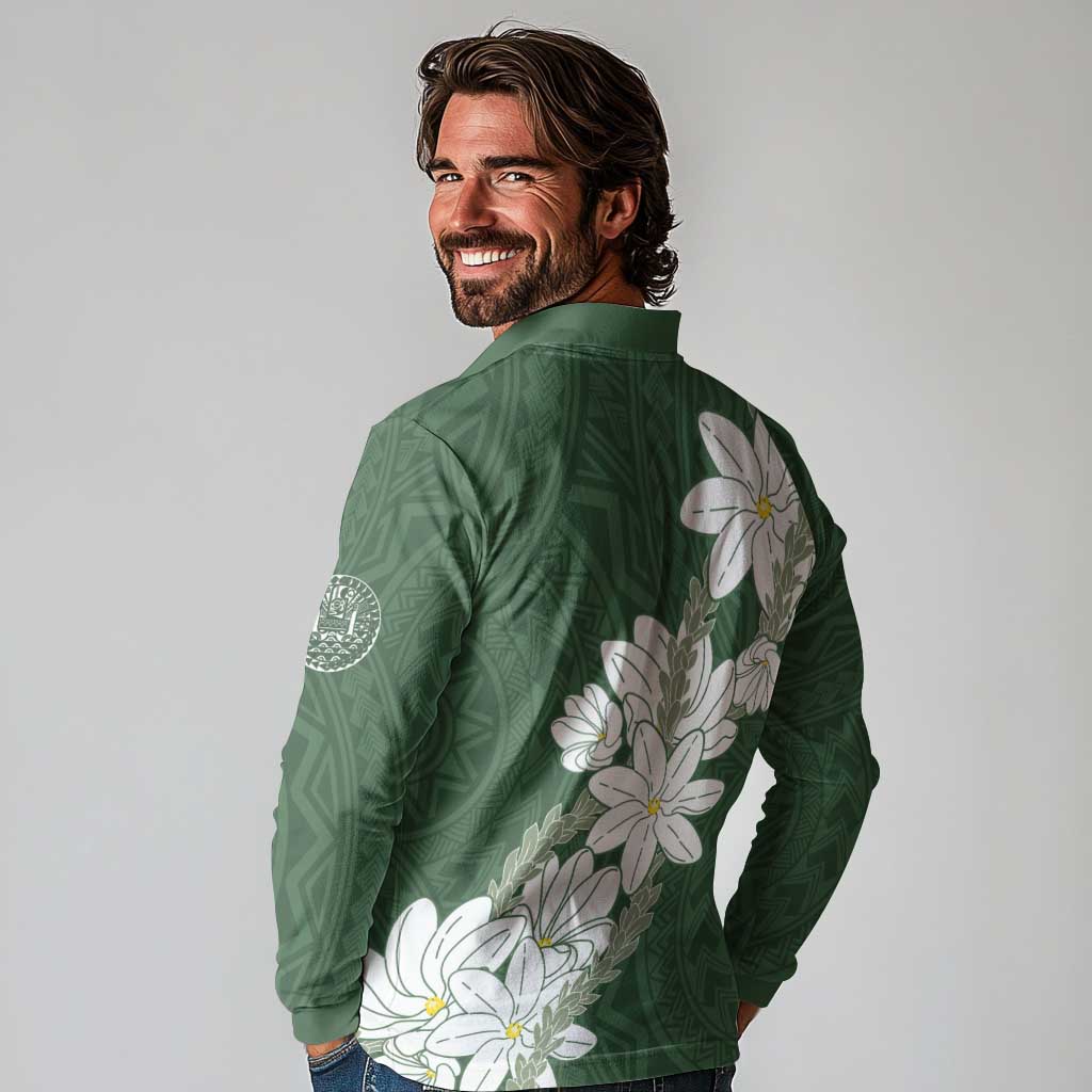 Ia Orana Tahiti Tiare Long Sleeve Polo Shirt Sage Green Lei LT7 - Polynesian Pride