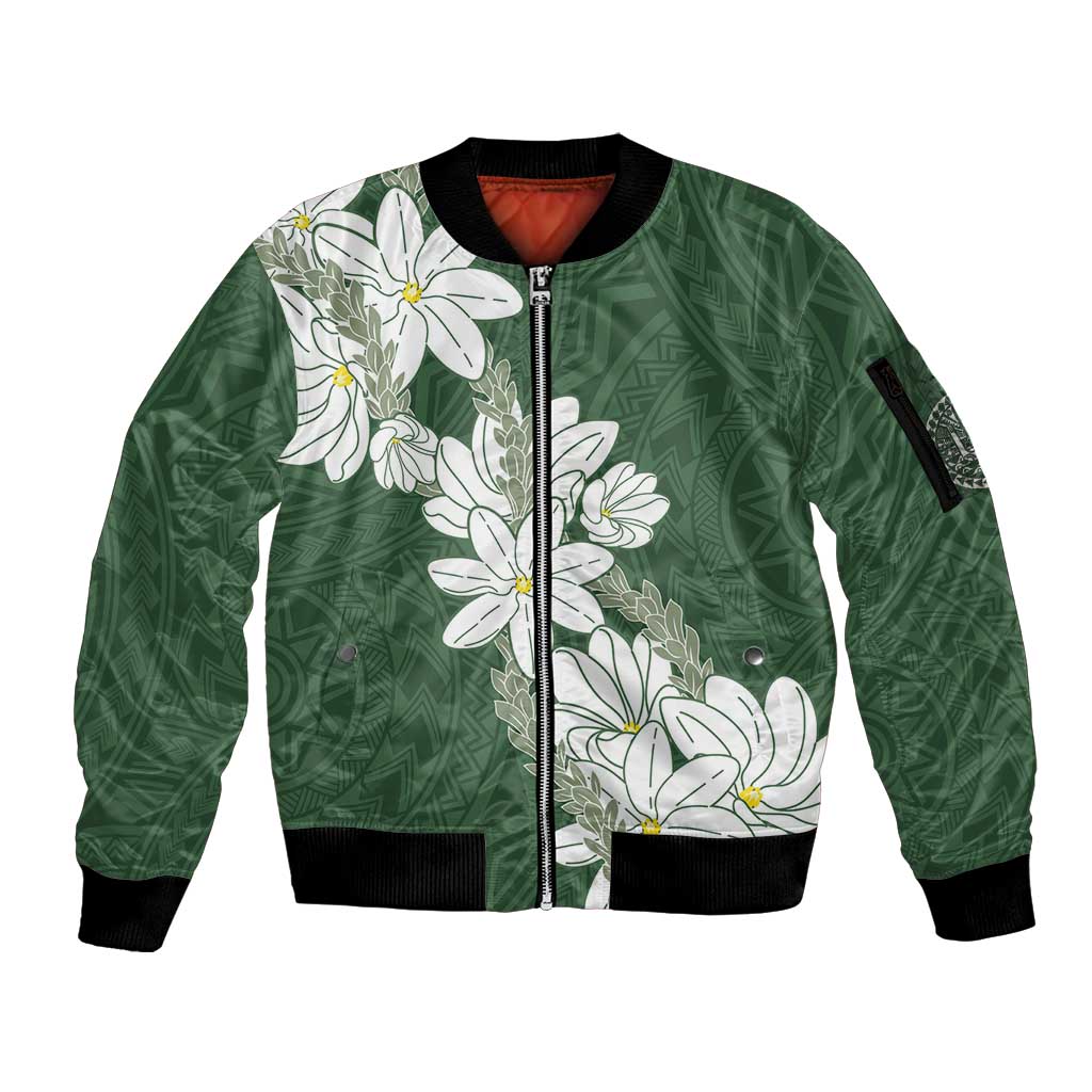 Ia Orana Tahiti Tiare Sleeve Zip Bomber Jacket Sage Green Lei LT7 Unisex Sage Green - Polynesian Pride