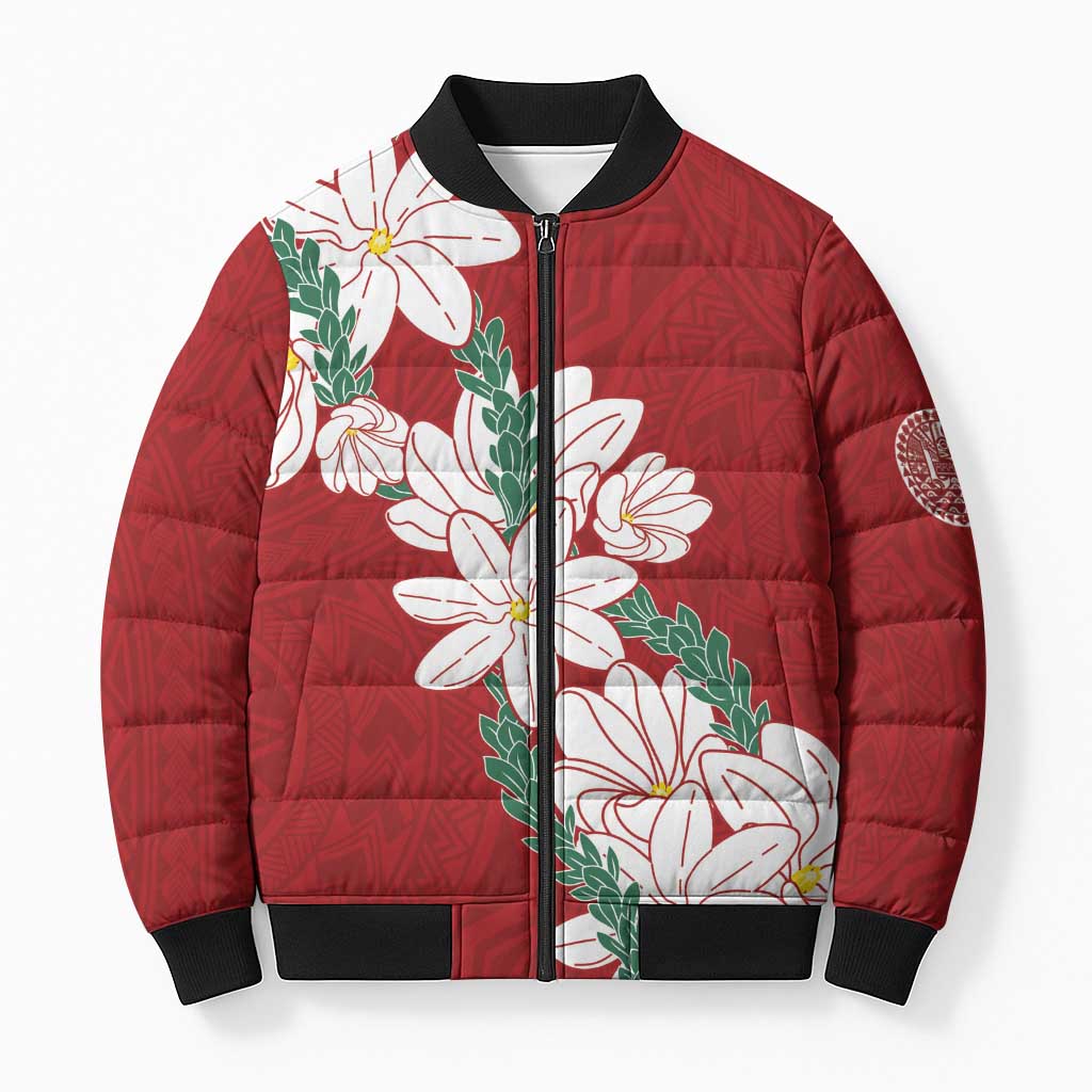 Ia Orana Tahiti Tiare Bomber Puffer Jacket Crimson Lei LT7 Unisex Red - Polynesian Pride
