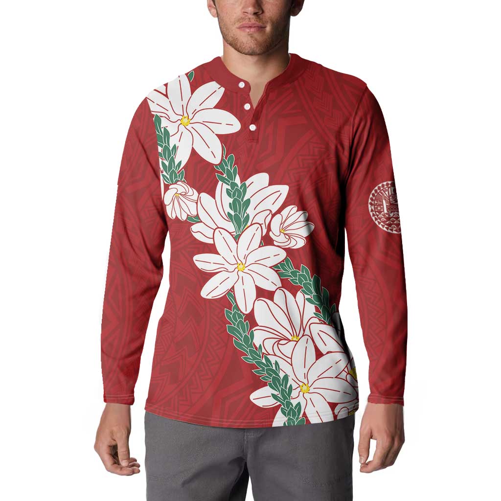 Ia Orana Tahiti Tiare Button Sweatshirt Crimson Lei LT7 - Polynesian Pride