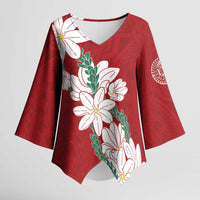 Ia Orana Tahiti Tiare Kimono Sleeve Blouse Crimson Lei LT7 Female Red - Polynesian Pride