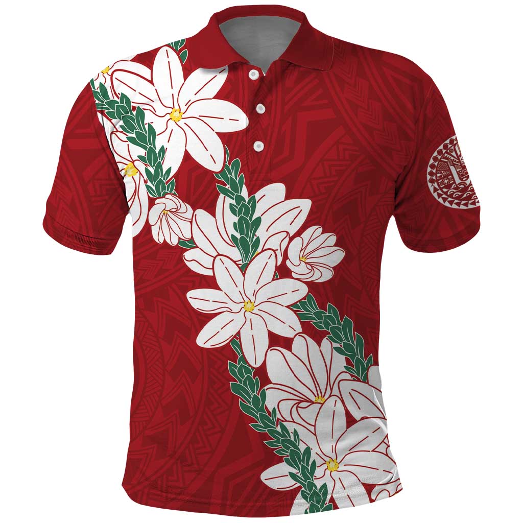 Ia Orana Tahiti Tiare Polo Shirt Crimson Lei LT7 Red - Polynesian Pride