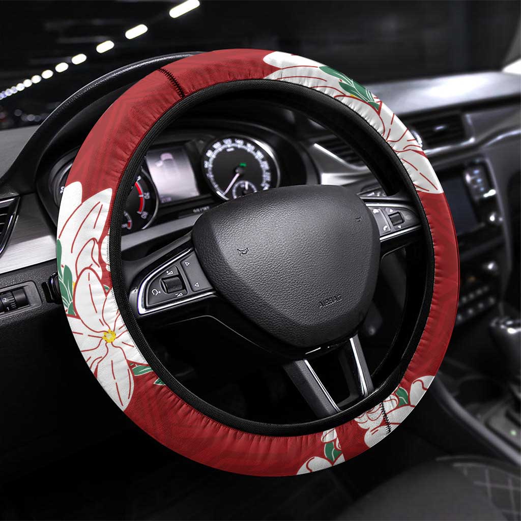 Ia Orana Tahiti Tiare Steering Wheel Cover Crimson Lei LT7 Universal Fit Red - Polynesian Pride