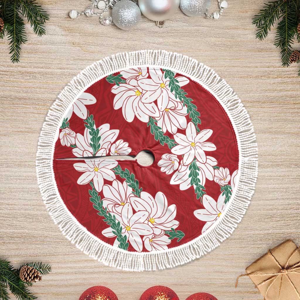 Ia Orana Tahiti Tiare Tree Skirt Crimson Lei LT7 Fringed Red - Polynesian Pride