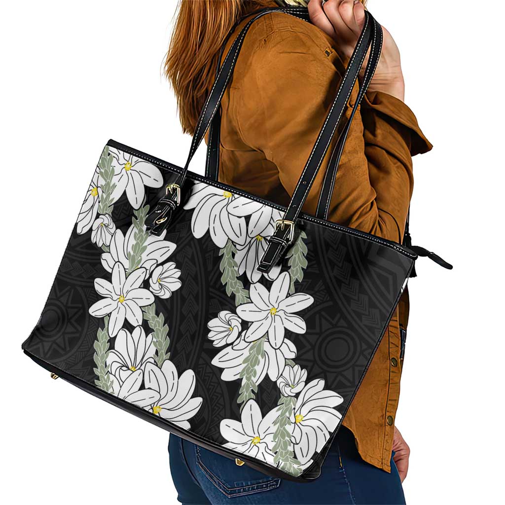 Ia Orana Tahiti Tiare Leather Tote Bag Black Lei LT7 - Polynesian Pride