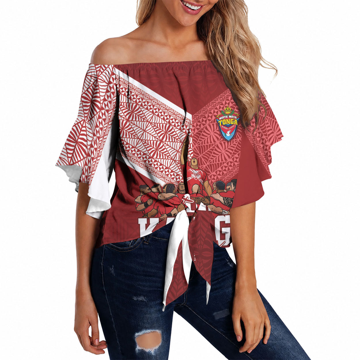 Mate Ma'a Tonga Custom Ngatu Off Shoulder Wrap Waist Top Kainga - Sipi Tau LT7 Red - Polynesian Pride