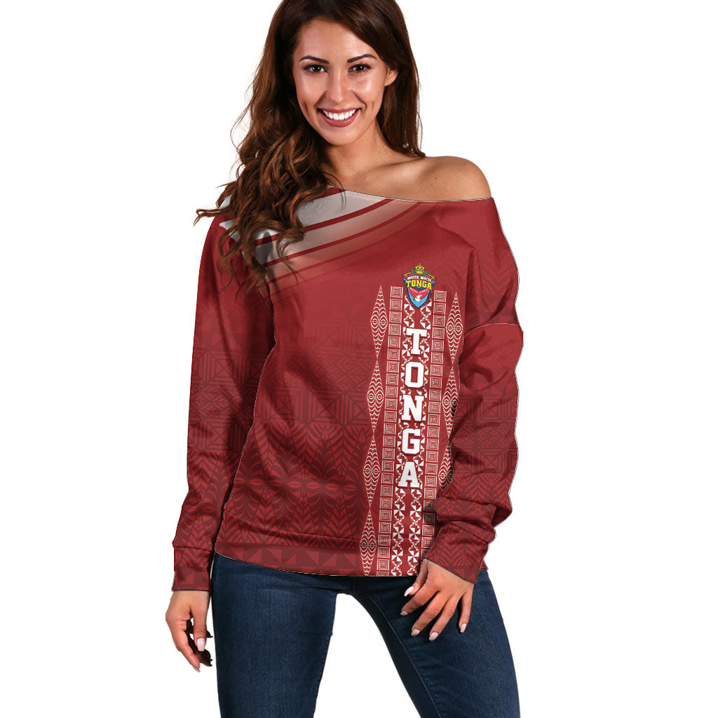 Mate Ma'a Tonga Custom Off Shoulder Sweater Basic Ngatu Kupesi Motif LT7 Women Red - Polynesian Pride
