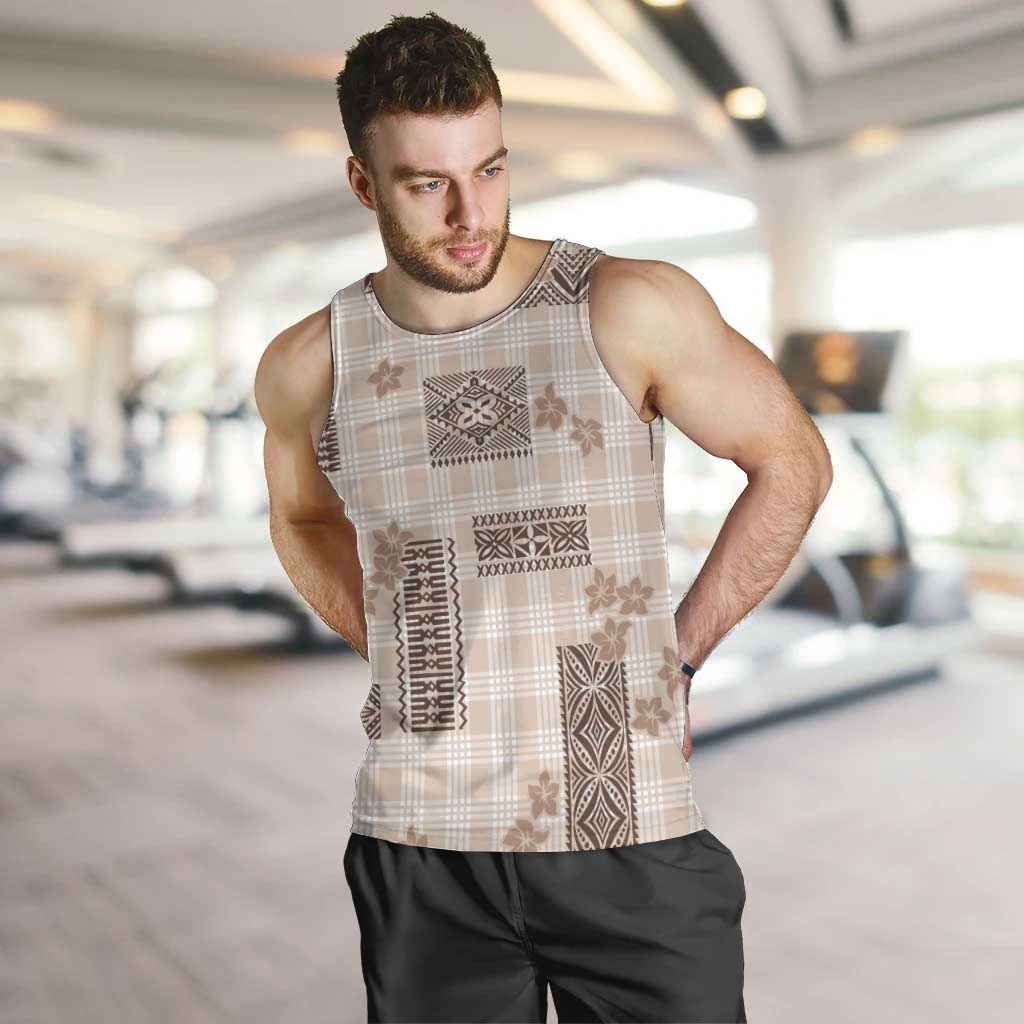 Hawaiian Quilt Tapa On Beige Palaka Motifs Men Tank Top LT7 Beige - Polynesian Pride