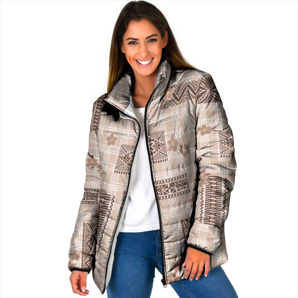 Hawaiian Quilt Tapa On Beige Palaka Motifs Padded Jacket LT7 Women Beige - Polynesian Pride