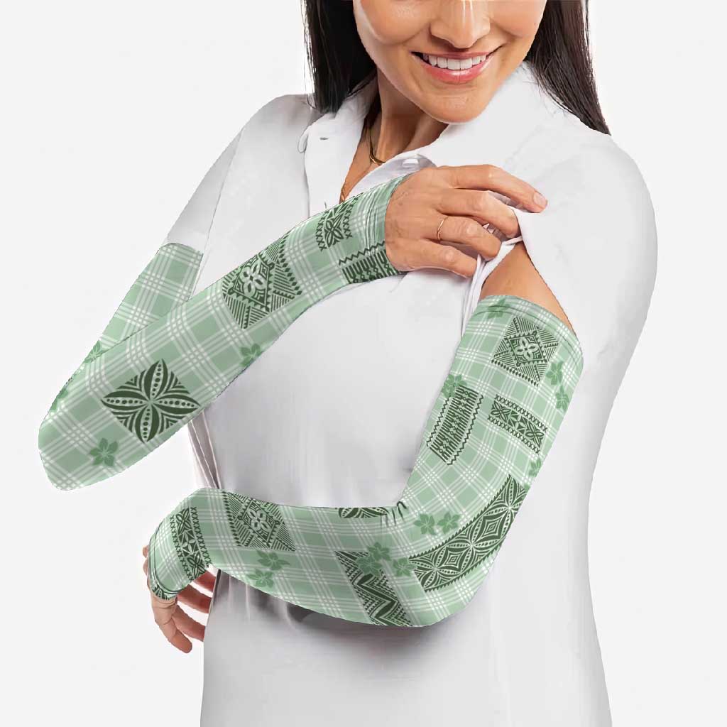 Hawaiian Quilt Tapa On Pastel Mint Palaka Motifs Arm Sleeves LT7 - Polynesian Pride