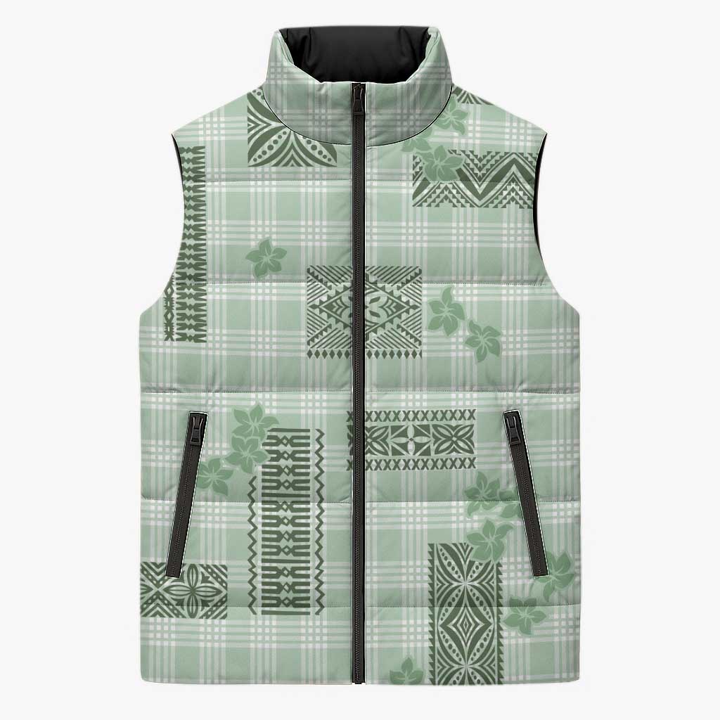 Hawaiian Quilt Tapa On Pastel Mint Palaka Motifs Sleeveless Puffer Jacket LT7 Unisex Mint - Polynesian Pride