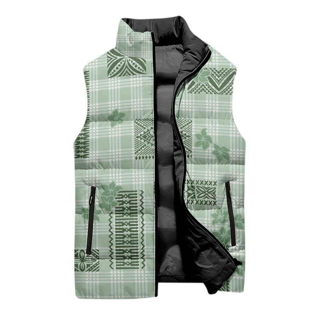 Hawaiian Quilt Tapa On Pastel Mint Palaka Motifs Sleeveless Puffer Jacket LT7 - Polynesian Pride