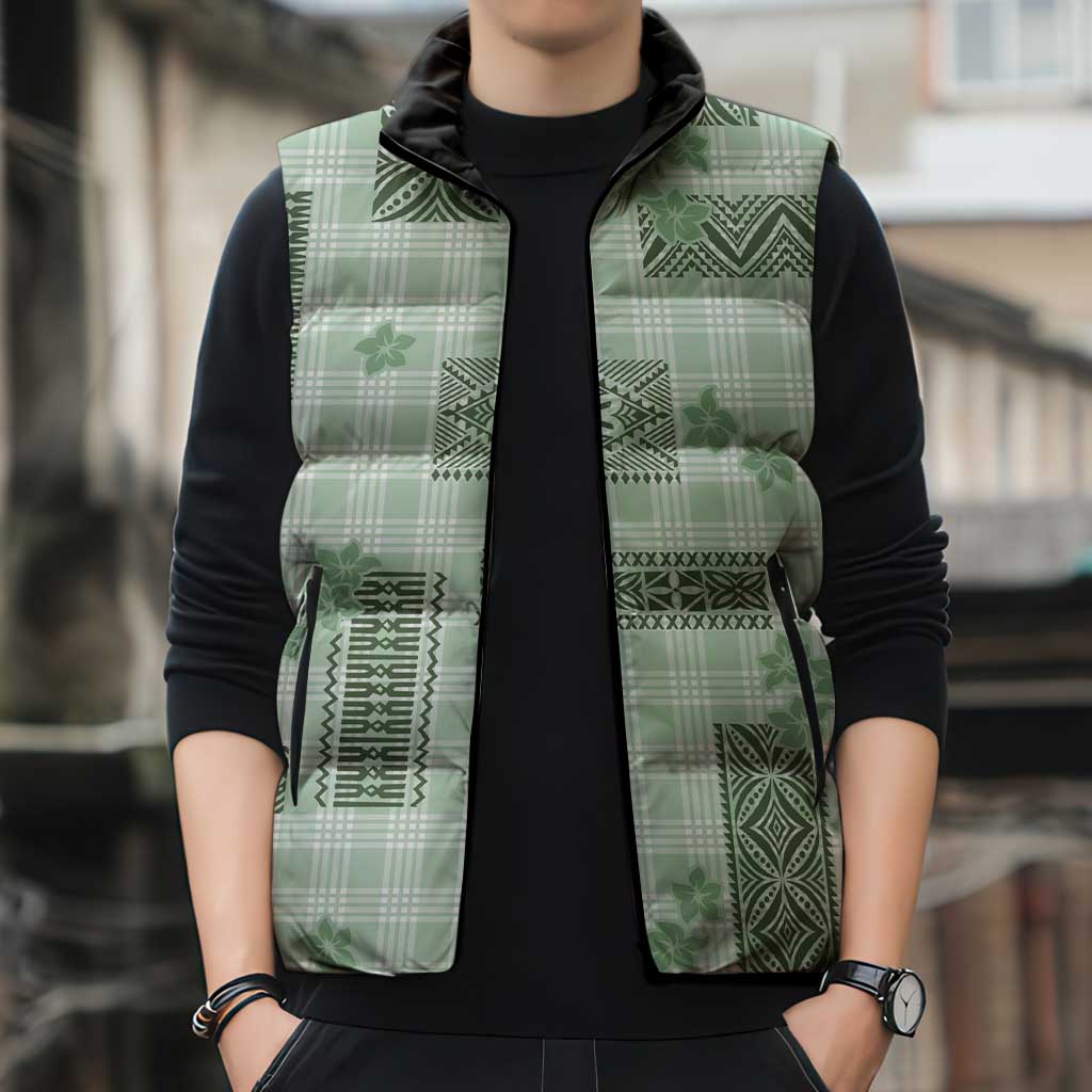 Hawaiian Quilt Tapa On Pastel Mint Palaka Motifs Sleeveless Puffer Jacket LT7 - Polynesian Pride
