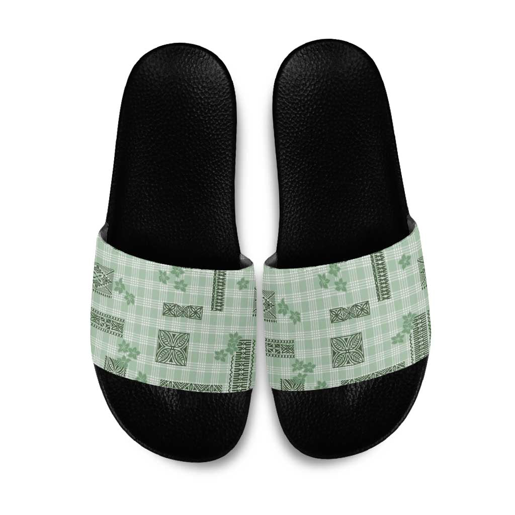 Hawaiian Quilt Tapa On Pastel Mint Palaka Motifs Slide Sandals LT7 Mint - Polynesian Pride