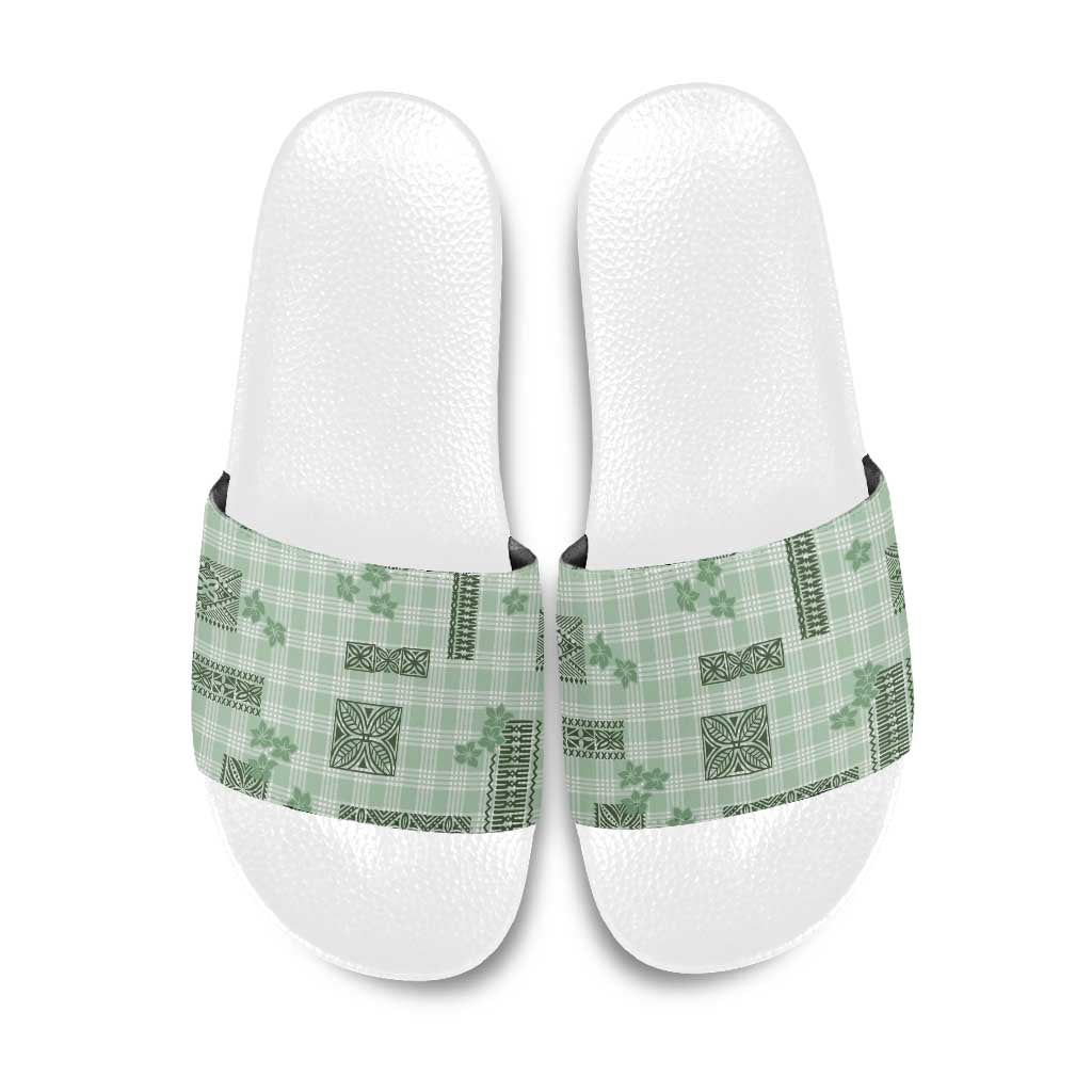 Hawaiian Quilt Tapa On Pastel Mint Palaka Motifs Slide Sandals LT7 Mint - Polynesian Pride