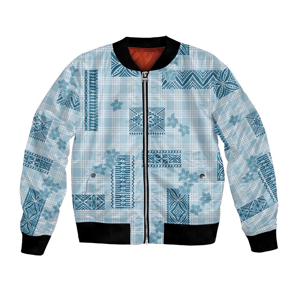Hawaiian Quilt Tapa On Cold Blue Palaka Motifs Bomber Jacket LT7 Unisex Azure - Polynesian Pride