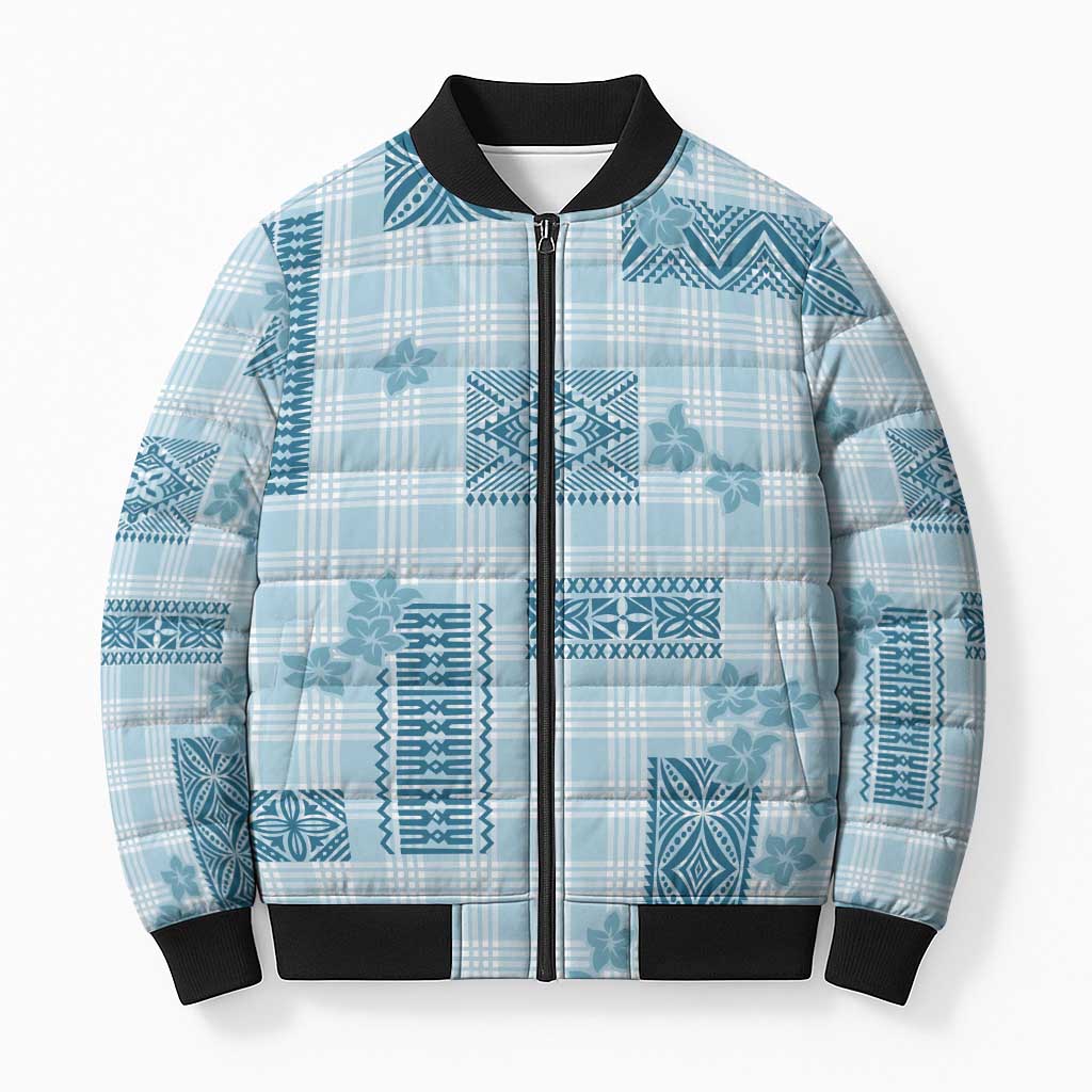 Hawaiian Quilt Tapa On Cold Blue Palaka Motifs Bomber Puffer Jacket LT7 Unisex Azure - Polynesian Pride