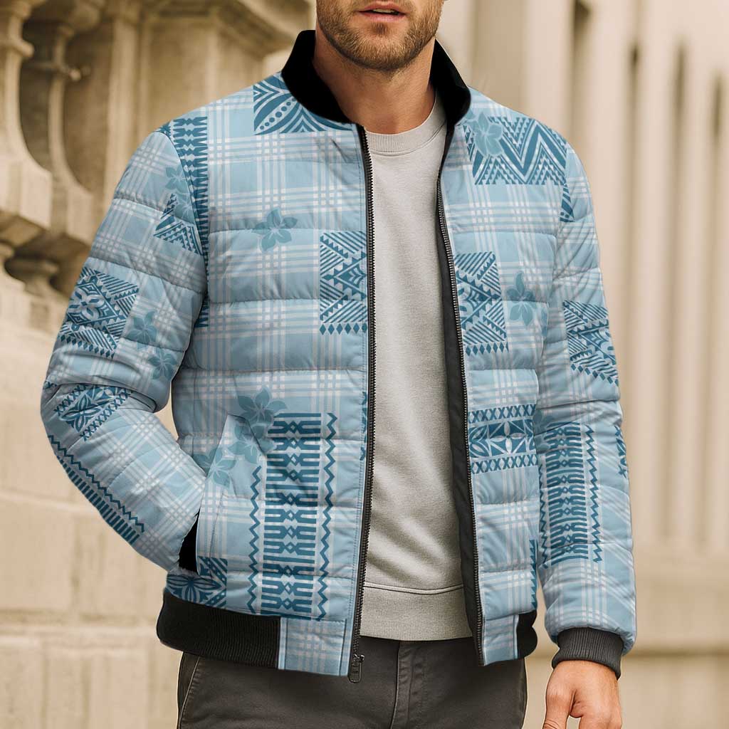 Hawaiian Quilt Tapa On Cold Blue Palaka Motifs Bomber Puffer Jacket LT7 - Polynesian Pride