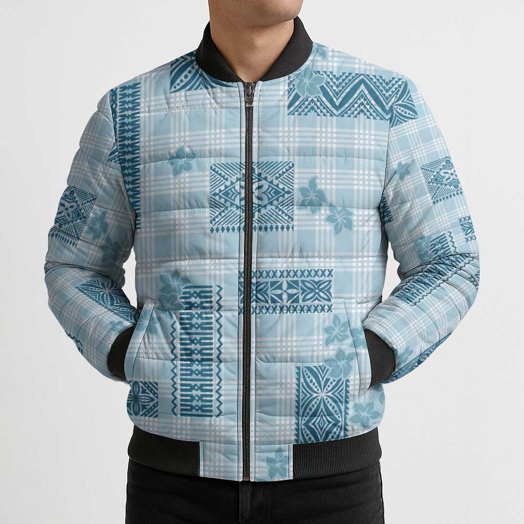 Hawaiian Quilt Tapa On Cold Blue Palaka Motifs Bomber Puffer Jacket LT7 - Polynesian Pride