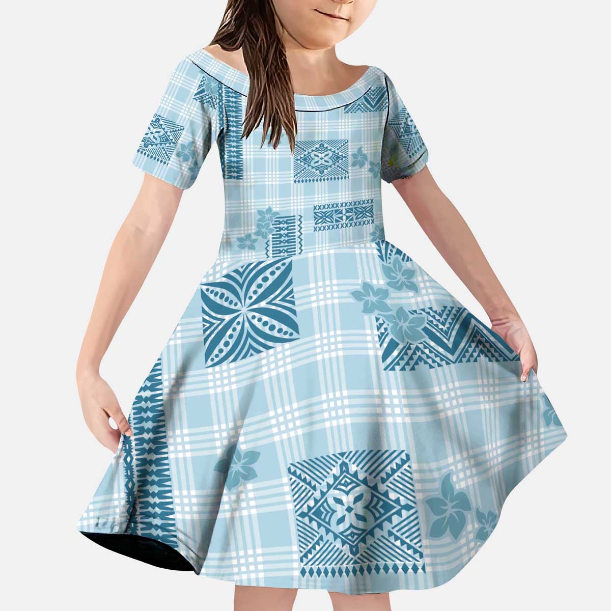 Hawaiian Quilt Tapa On Cold Blue Palaka Motifs Kid Short Sleeve Dress LT7 KID Azure - Polynesian Pride