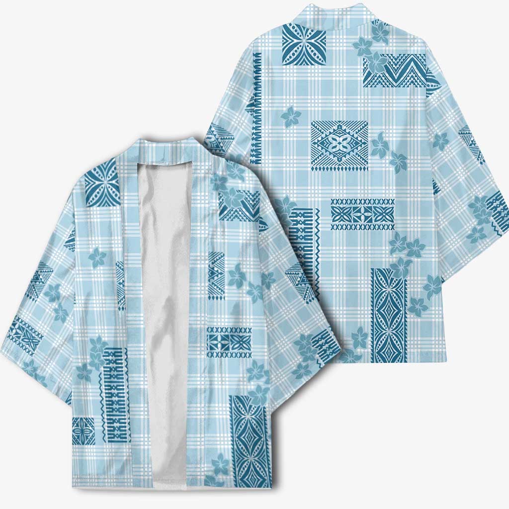 Hawaiian Quilt Tapa On Cold Blue Palaka Motifs Kimono LT7 - Polynesian Pride